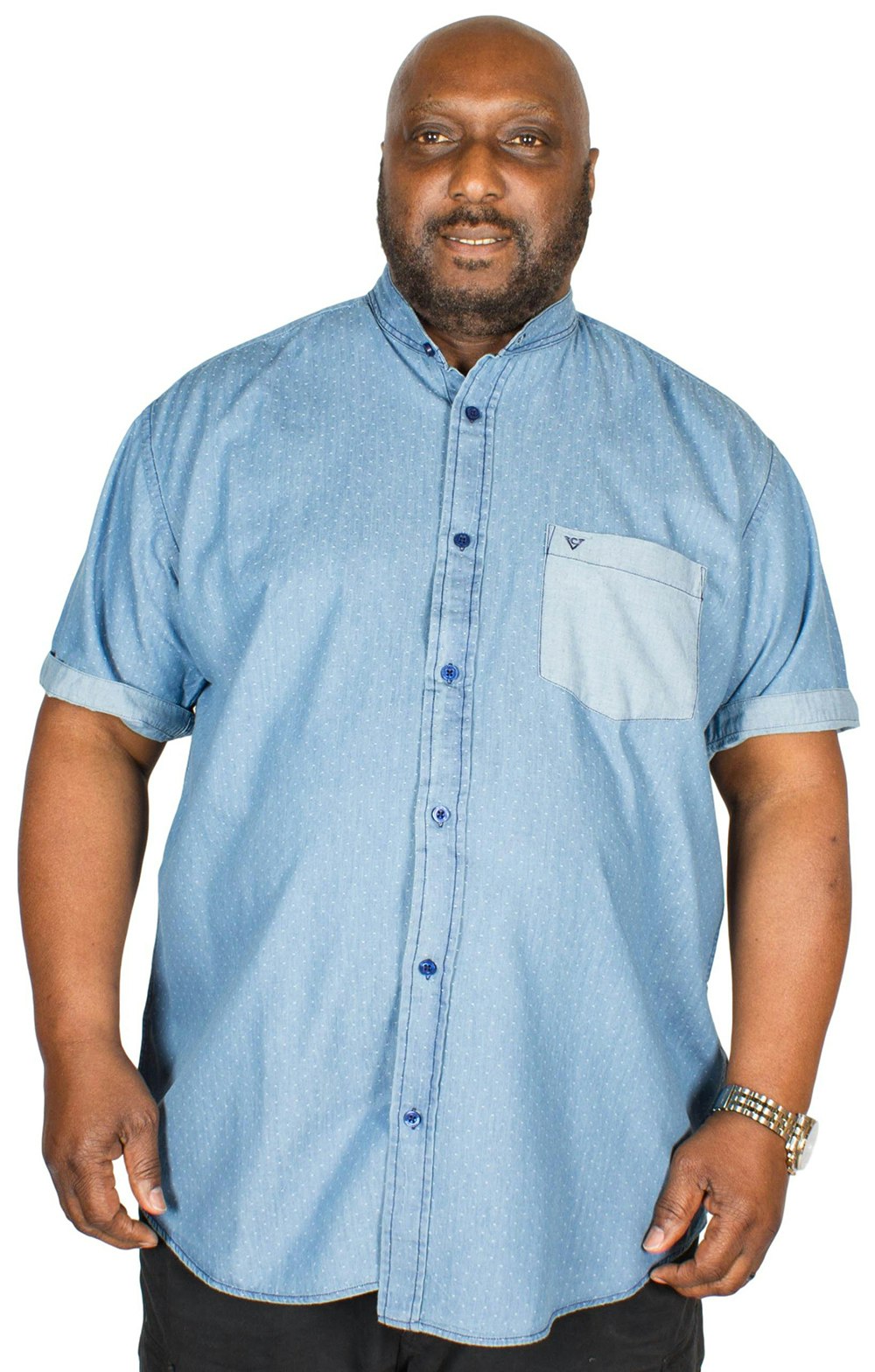 Mens Cotton Valley Big Size Dobby Denim Short Sleeve Grandad Shirt 2XL 3XL 4XL